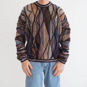 VTG Tundra Canada Multicolor Textured Knit Sweater Abstract Coogi Style Large